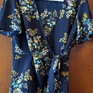 Meraki wrap blue floral top, with front tie for flattering loook!
